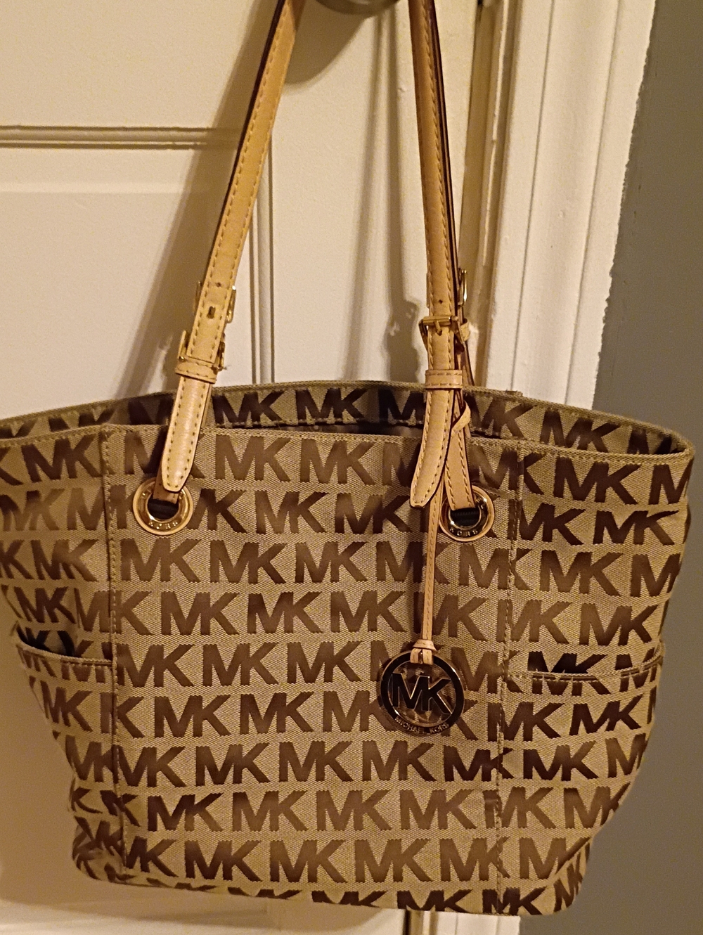 Michael Kors Brown Tan MK Logo Tote with Gold Accent